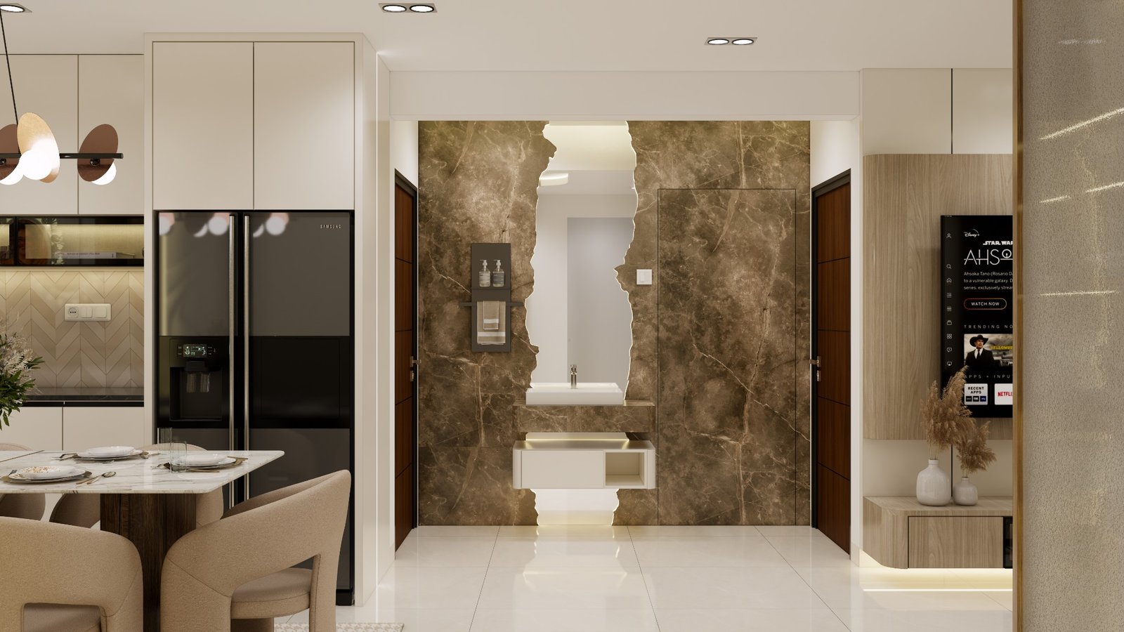 Kitchen and dining with sculptural vanity feature — Premium 3BHK Residential Interior, Hyderabad
