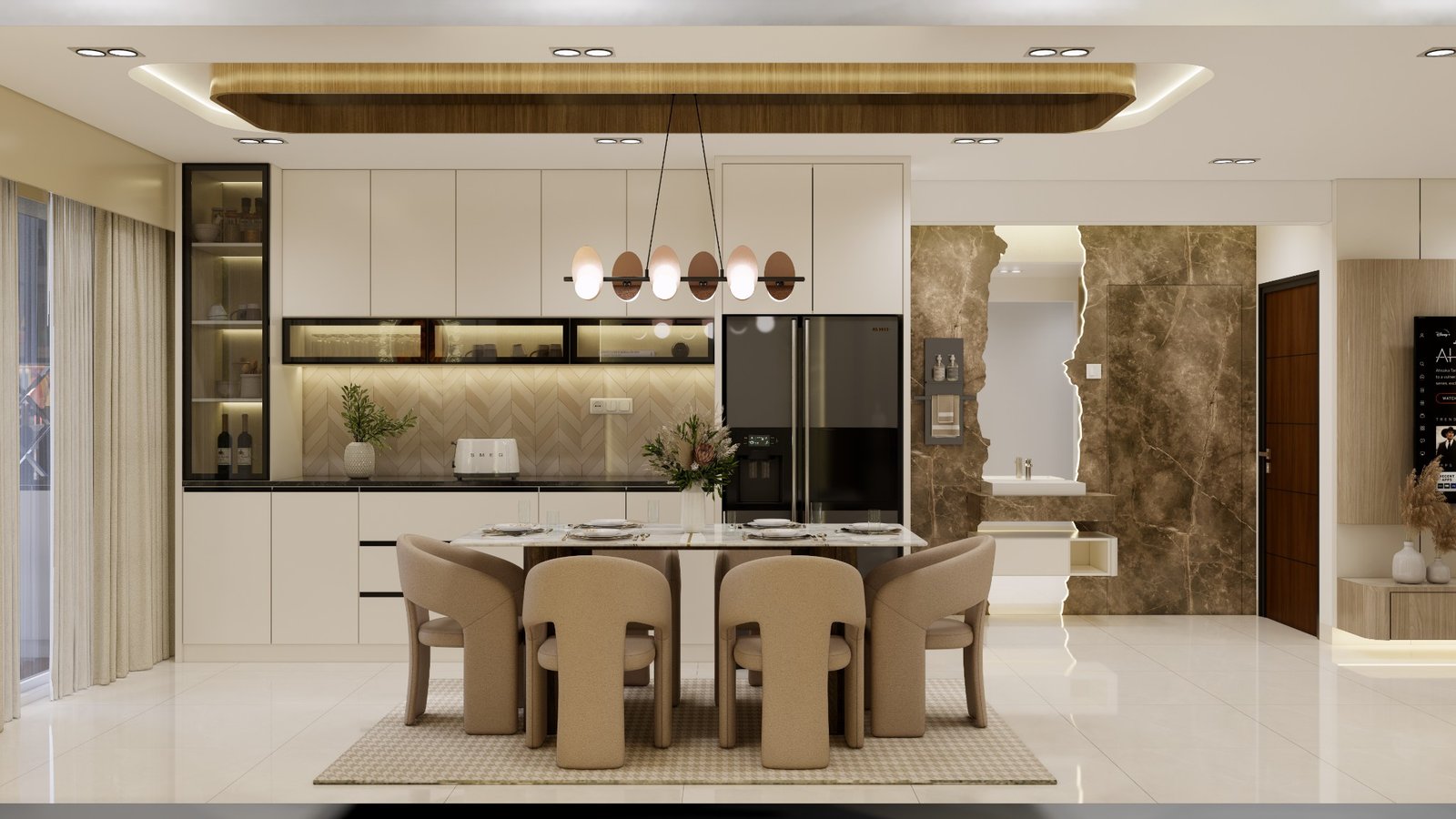 Kitchen and dining wide view — Premium 3BHK Residential Interior, Hyderabad