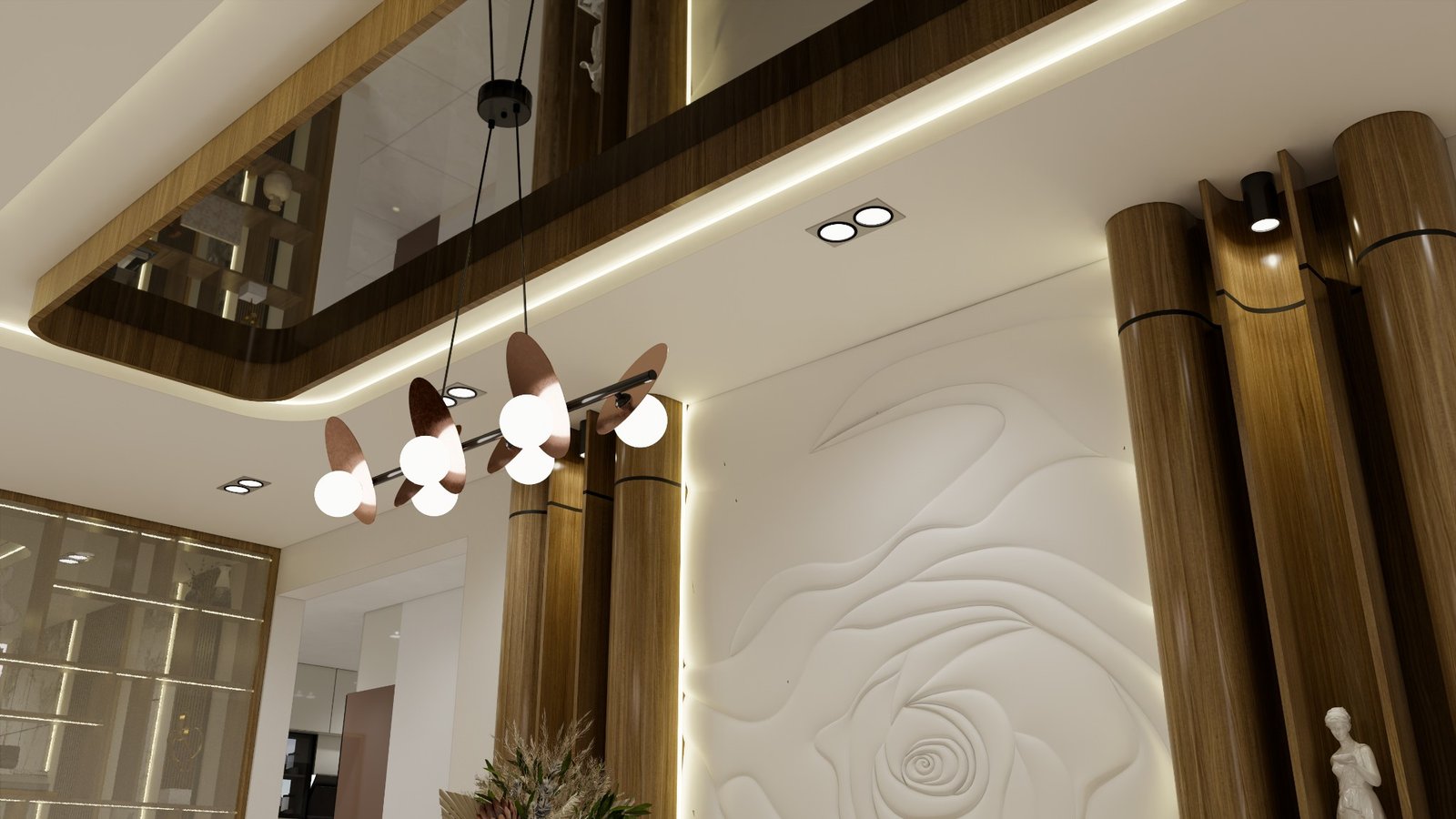 Sculptural ceiling and feature wall detail — Premium 3BHK Residential Interior, Hyderabad