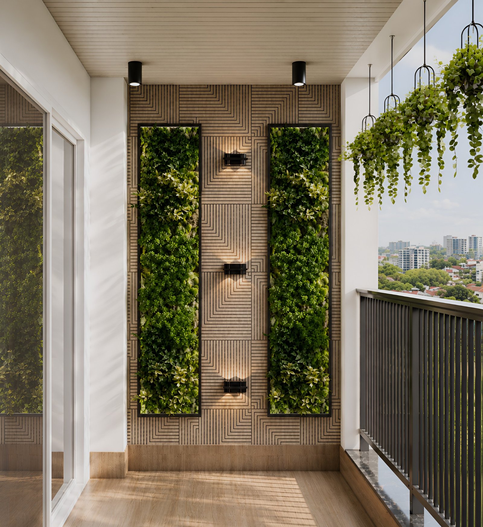 Green balcony feature wall — Premium 3BHK Residential Interior, Hyderabad