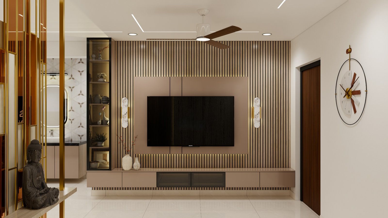 TV unit and living room — Economical Styling 3BHK