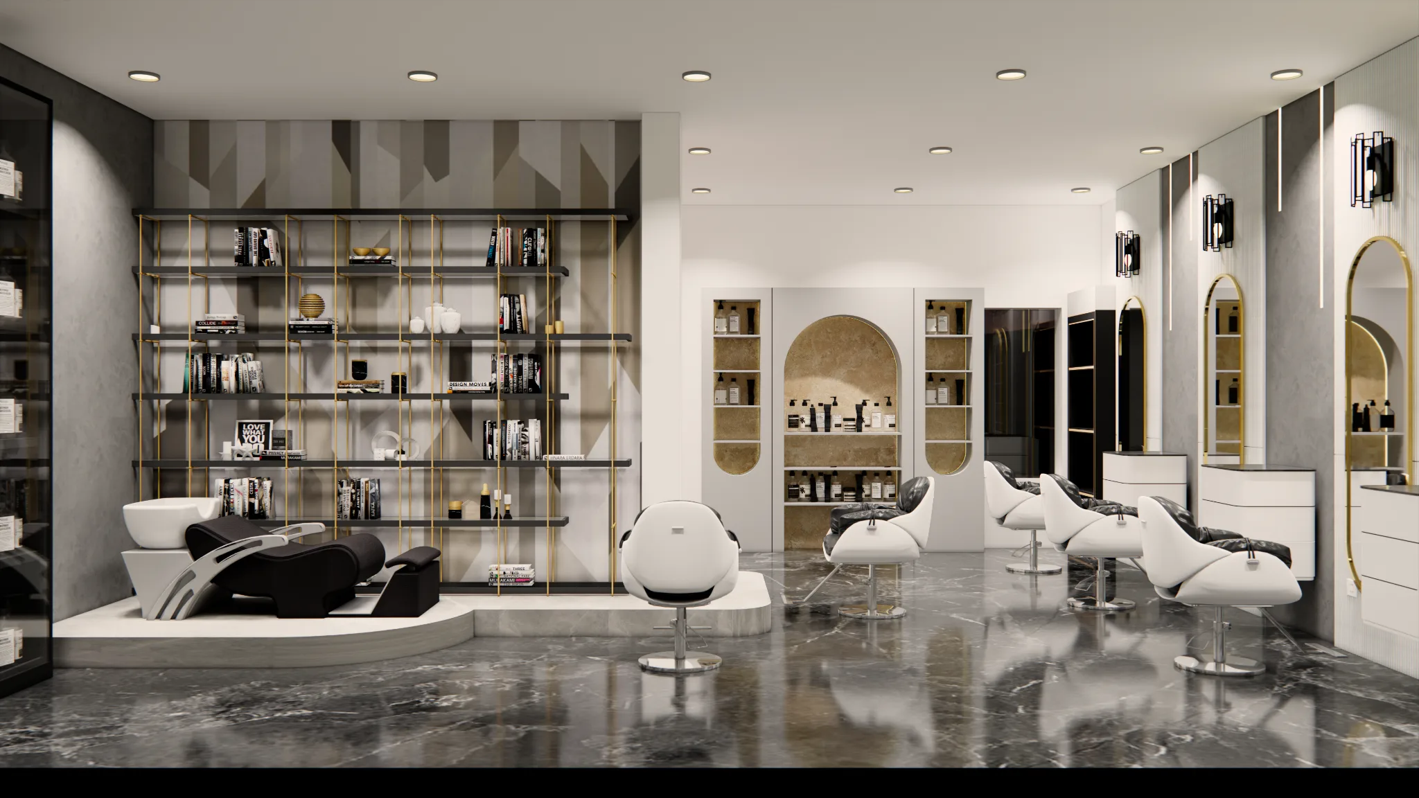 Salon main overview with styling stations, product display and reception — Nine Light Interiors commercial project