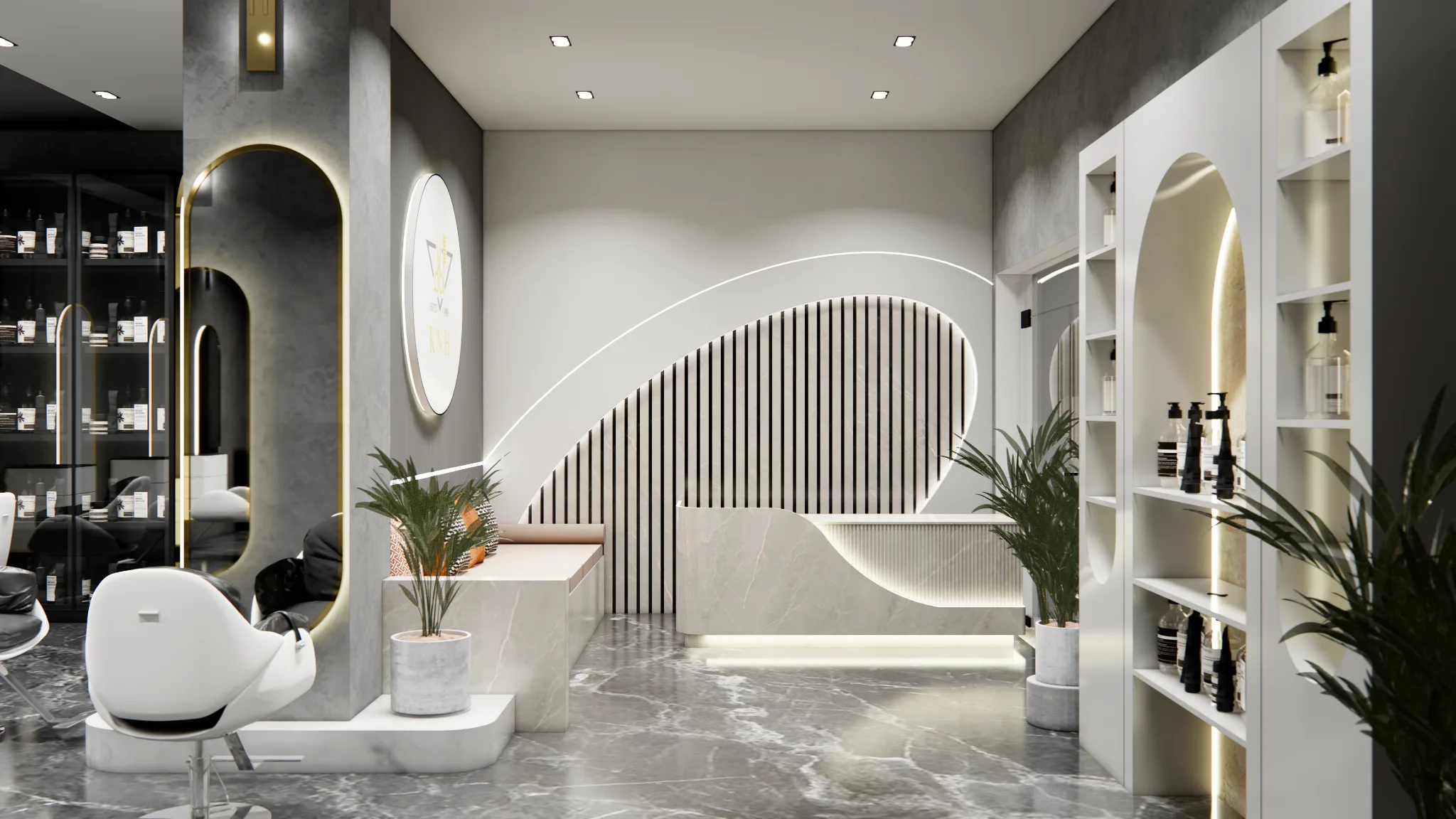 Reception desk with sculptural feature wall
