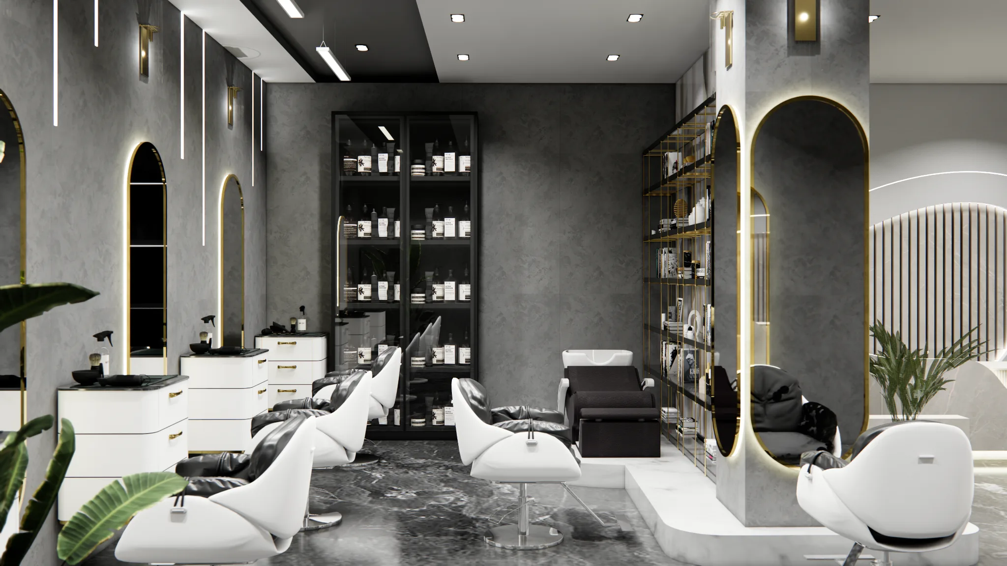 Salon styling floor with illuminated arched mirrors