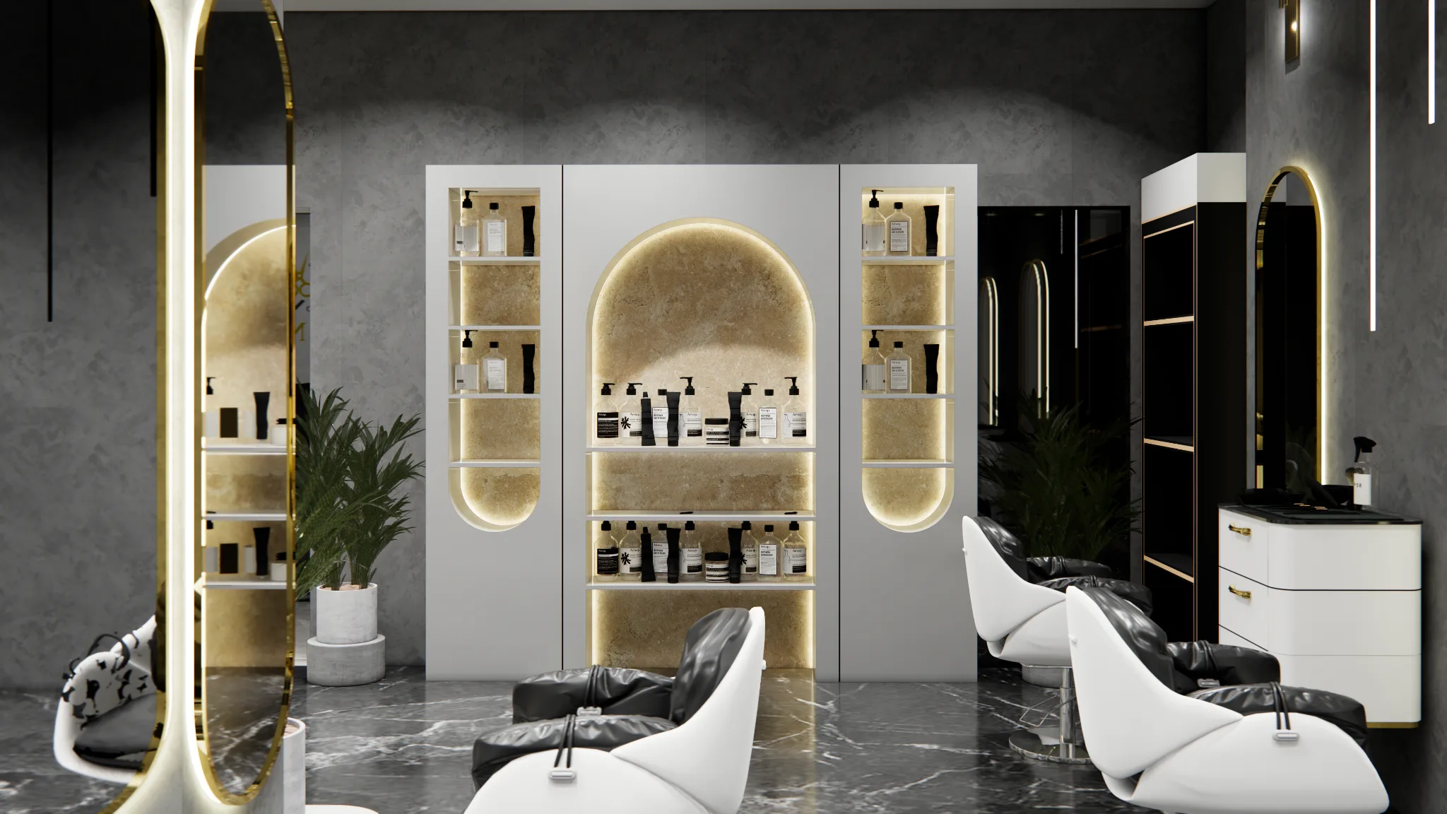 Styling stations side view with arched mirrors