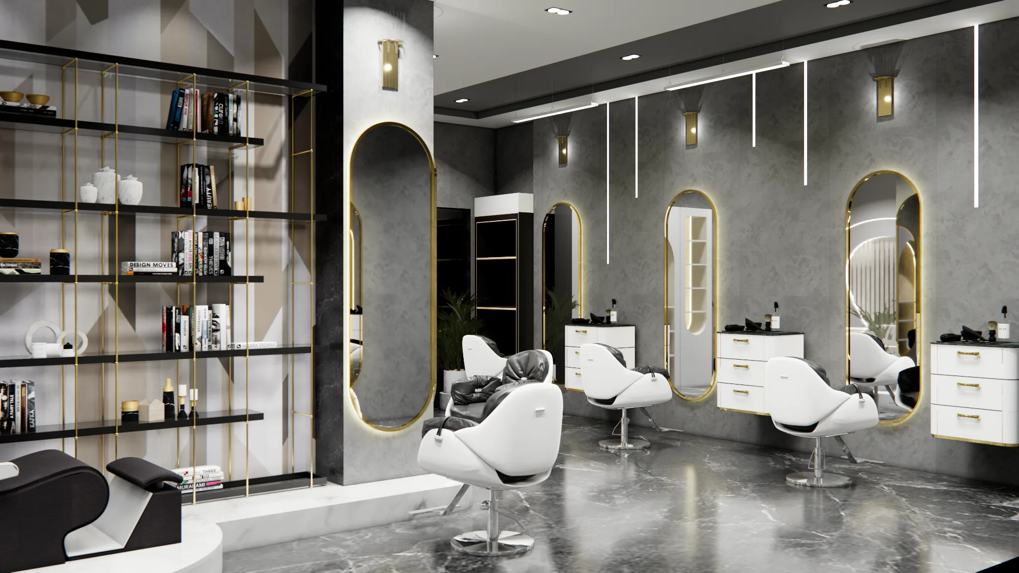 Wide salon interior with styling floor and reception