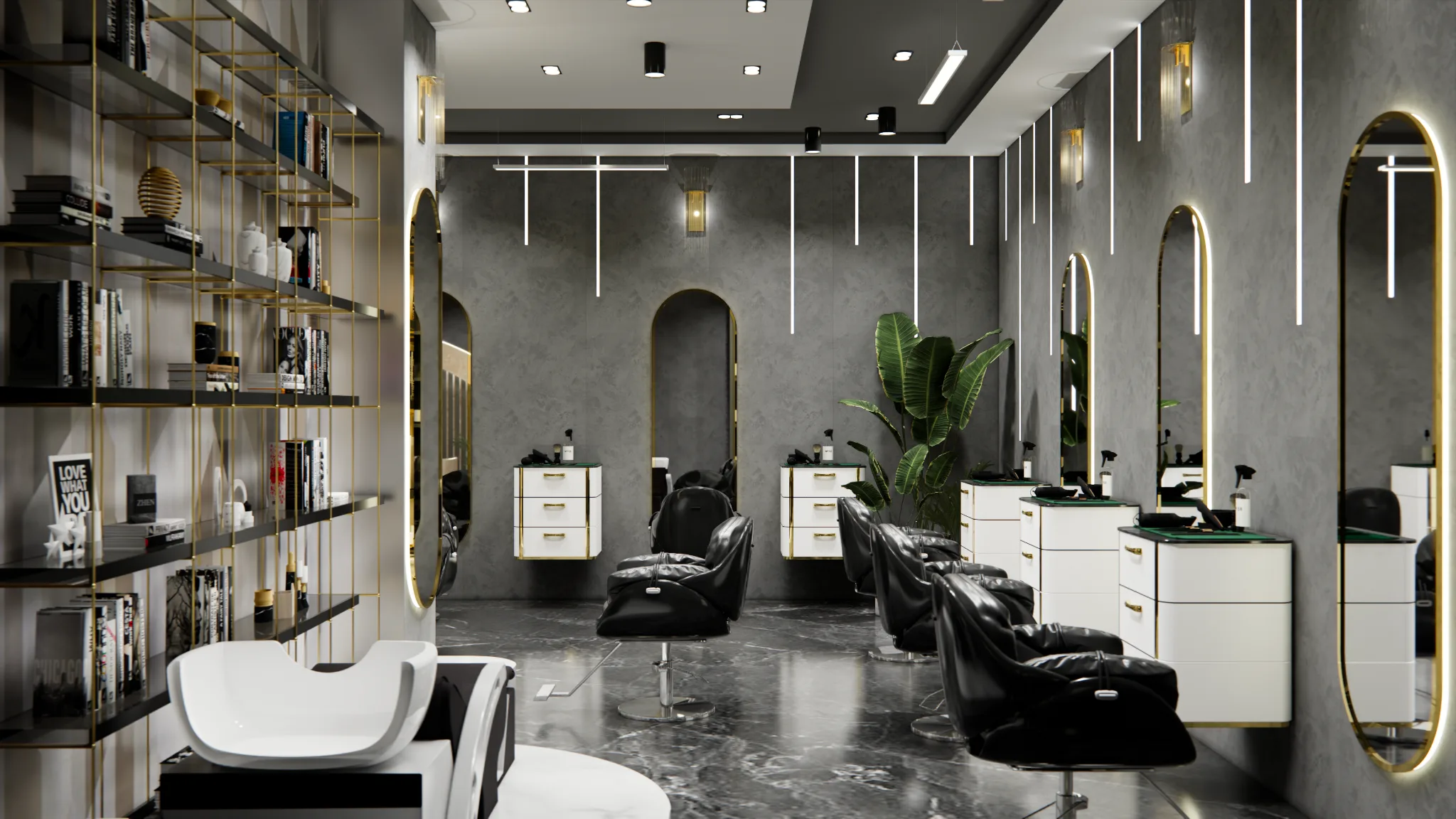 Styling floor with black salon chairs