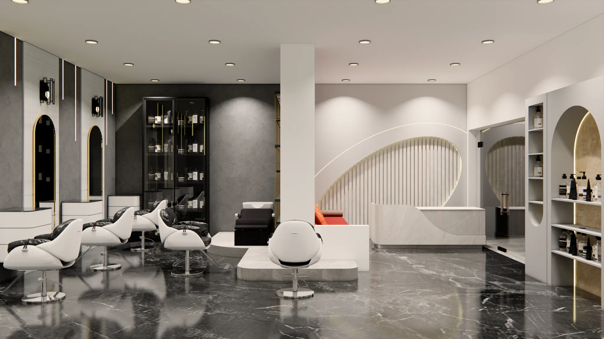 Left side view of salon interior
